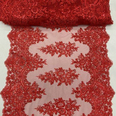Red Sequin Lace Fabric - Embroideries On Mesh, Red, 54" Width