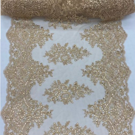 Champagne Sequin Lace Fabric With Embroideries On Mesh - Champagne Embroidered Sequin Lace Fabric, 54" Width