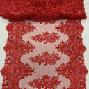Sequin Lace Fabric With Embroideries On Mesh - Champagne, Dusty Rose, Gold, Red, Silver, White