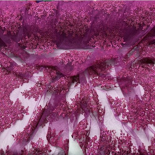 Sequin Lace Fabric With Embroideries On Mesh - 100 Percent Polyester Fabric, Double Scalloped Floral Lace, 51" Width