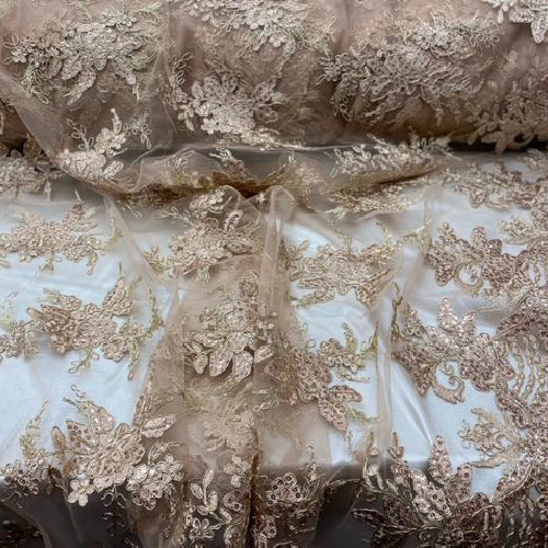 Champagne Sequin Lace Fabric With Embroideries On Mesh - Champagne Embroidered Sequin Lace Fabric, 52" Width
