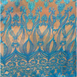 Nude Iridescent Baby Blue Damask Design Embroidered On Mesh Lace Fabric - Nude Baby Blue Damask Embroidered Mesh Lace Fabric, 52" Width