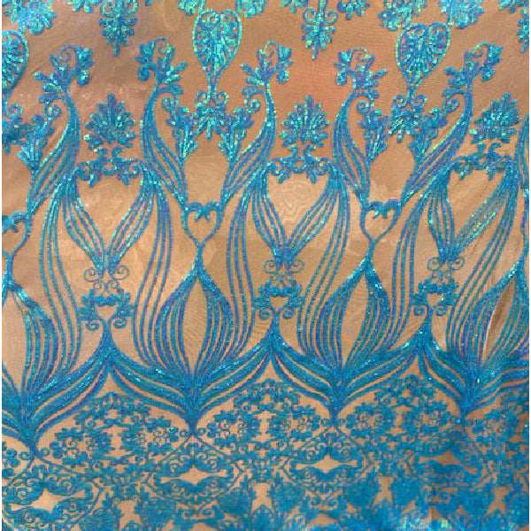 Nude Iridescent Baby Blue Damask Design Embroidered On Mesh Lace Fabric - Nude Baby Blue Damask Embroidered Mesh Lace Fabric, 52" Width