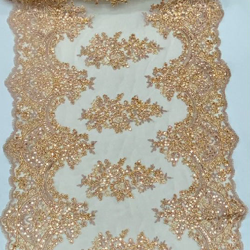 Dusty Rose Sequin Lace Fabric With Embroideries On Mesh - Dusty Rose, Embroidered Sequin Lace, Mesh Fabric