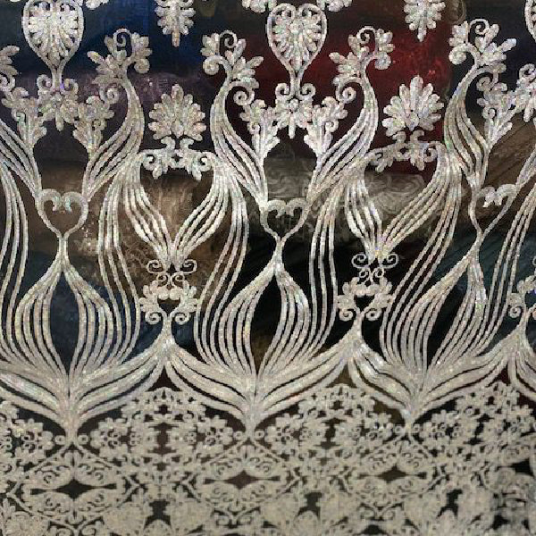 Black Iridescent Silver Damask Design Embroidered On Mesh Lace Fabric - Black, Damask Pattern, 54" Width
