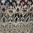 Black Iridescent Silver Damask Design Embroidered On Mesh Lace Fabric - Black, Damask Pattern, 54" Width