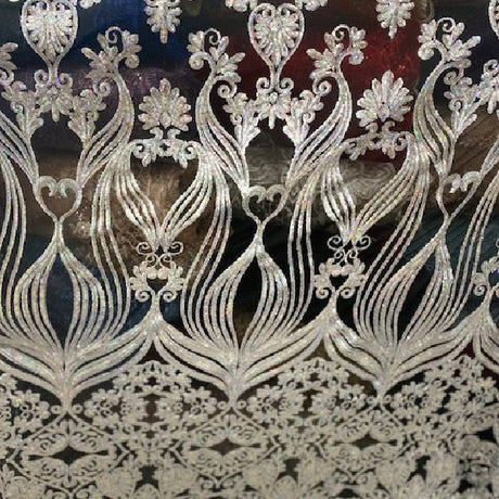 Black Iridescent Silver Damask Design Embroidered On Mesh Lace Fabric - Black, Damask Pattern, 54" Width