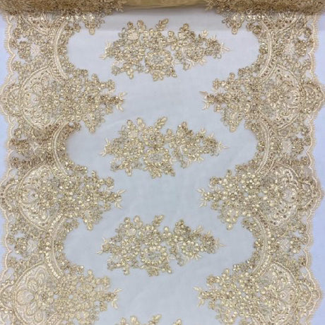 Gold Sequin Lace Fabric - Embroideries On Mesh, Gold, 54" Width