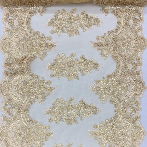 Gold Sequin Lace Fabric - Embroideries On Mesh, Gold, 54" Width