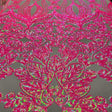 Nude Iridescent Hot Pink Damask Design Embroidered On Mesh Lace Fabric - Nude, Hot Pink Damask, 52-54" Width