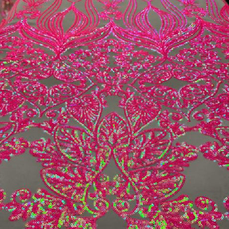 Nude Iridescent Hot Pink Damask Design Embroidered On Mesh Lace Fabric - Nude, Hot Pink Damask, 52-54" Width
