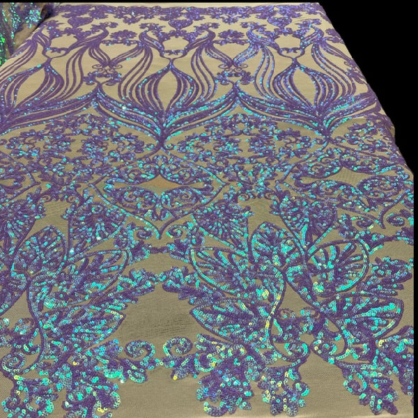 Nude Iridescent Lilac Damask Design Embroidered On Mesh Lace Fabric - Lilac Damask, Nude Mesh Lace Fabric (1 Yard)