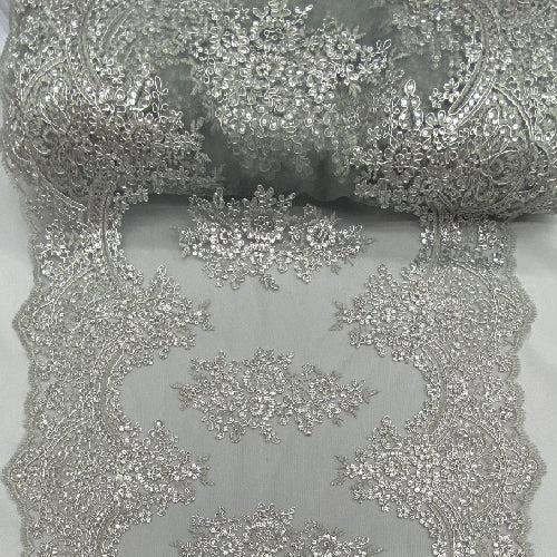 Silver Sequin Lace Fabric With Embroideries On Mesh - Silver Embroidered Mesh, 54" Width
