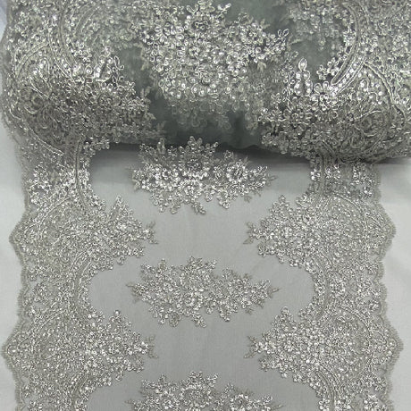 Silver Sequin Lace Fabric With Embroideries On Mesh - Silver Embroidered Mesh, 54" Width
