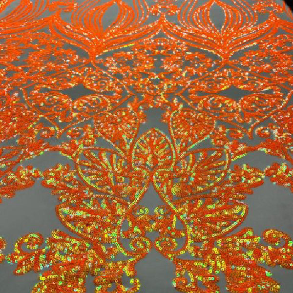 Nude Iridescent Orange Damask Design Embroidered On Mesh Lace Fabric - Nude Mesh, Iridescent Orange Damask, 52" Width
