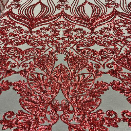Nude Iridescent Red Damask Design Embroidered On Mesh Lace Fabric - Nude, Red Damask Pattern, 52" Width (1 Yard)
