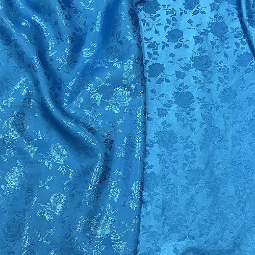 1 Yard Royal Blue Rose Floral Jacquard Satin Fabric 100% Polyester 60/59″ Width