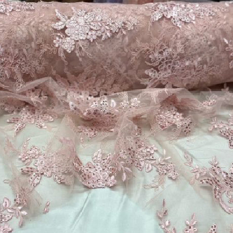 Blush Sequin Lace Fabric With Embroideries On Mesh - Blush, Floral Embroidered Mesh, 52-54" Width