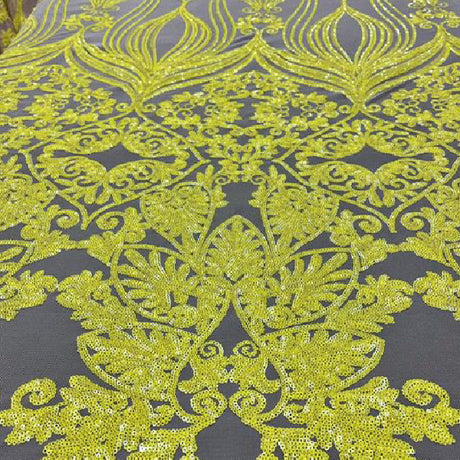Nude Iridescent Yellow Damask Design Embroidered On Mesh Lace Fabric - Nude, Yellow Damask Pattern, 52" Width (1 Yard)