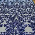 Royal Blue Damask Design Embroidered On Mesh Lace Fabric - Royal Blue Damask, 54" Width (1 Yard)