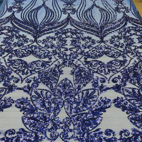 Royal Blue Damask Design Embroidered On Mesh Lace Fabric - Royal Blue Damask, 54" Width (1 Yard)