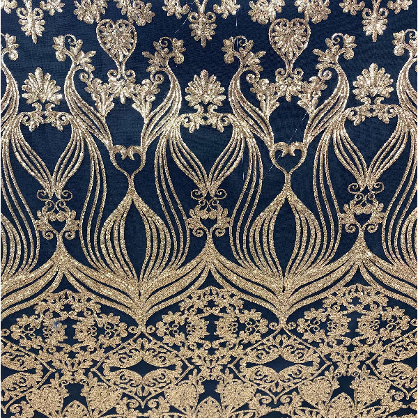 Black Gold Damask Design Embroidered On Mesh Lace Fabric - Black/Gold Damask Embroidery, 52-54" Width (1 Yard)