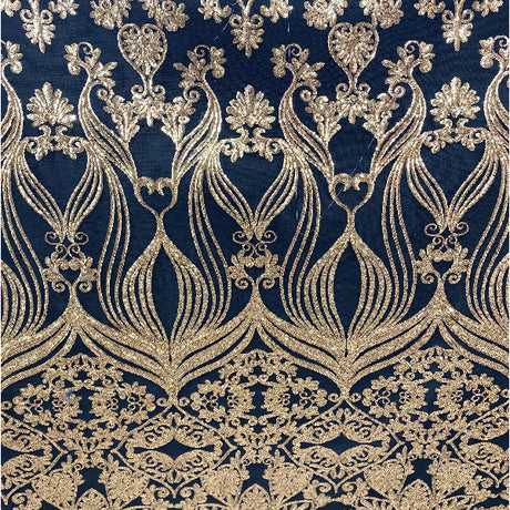 Black Gold Damask Design Embroidered On Mesh Lace Fabric - Black/Gold Damask Embroidery, 52-54" Width (1 Yard)