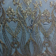 Hunter Green Damask Design Embroidered On Mesh Lace Fabric - Hunter Green Damask, 54" Width (1 Yard)