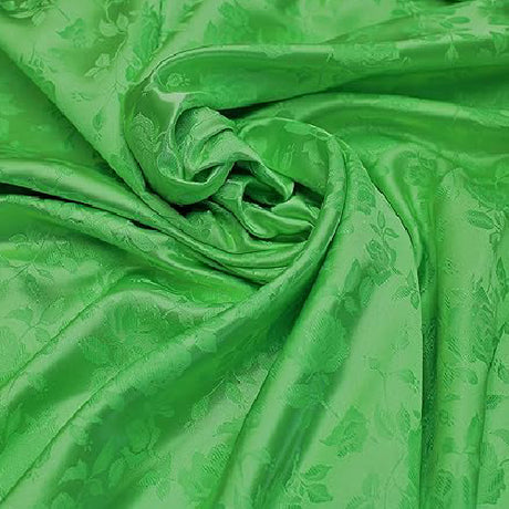 Neon Green Rose Floral Jacquard Satin Fabric - Neon Green Rose Floral Jacquard, 60" Width