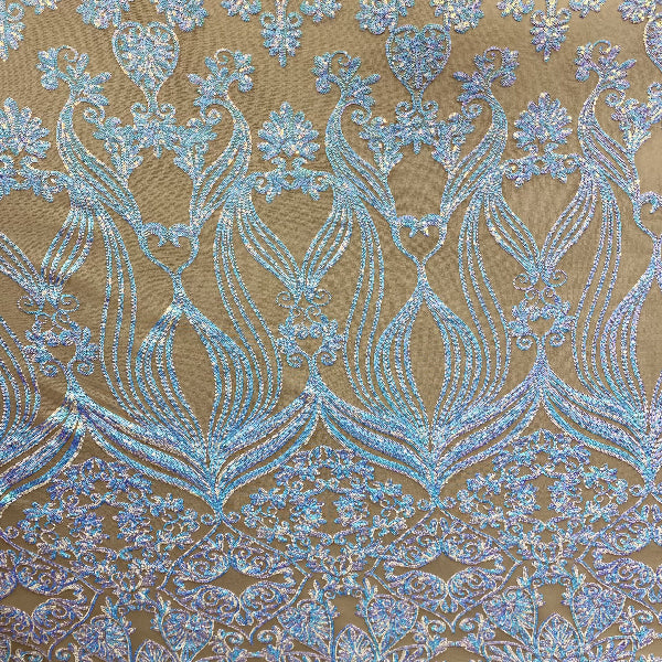 Iridescent Blue Damask Design Embroidered On Mesh Lace Fabric - Blue Damask Pattern, 54" Width