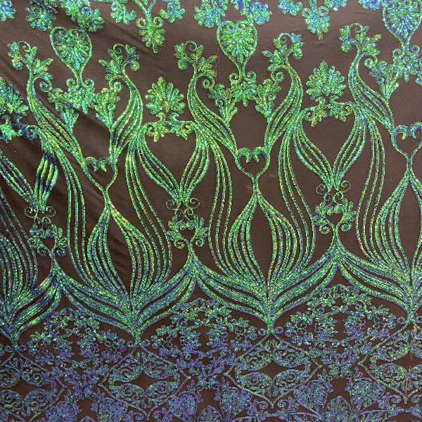 Iridescent Green Damask Design Embroidered On Mesh Lace Fabric - Green Damask, Mesh Lace, 60" Width (1 Yard)