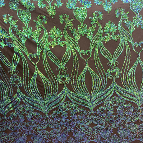 Iridescent Green Damask Design Embroidered On Mesh Lace Fabric - Green Damask, Mesh Lace, 60" Width (1 Yard)
