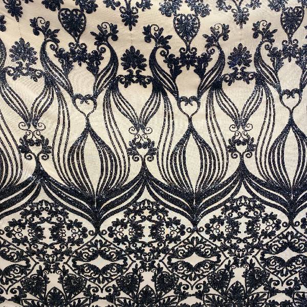 Nude Black Damask Design Embroidered On Mesh Lace Fabric - Black Damask Embroidery, Nude Mesh, 52" Width