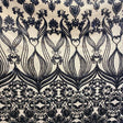 Nude Black Damask Design Embroidered On Mesh Lace Fabric - Black Damask Embroidery, Nude Mesh, 52" Width