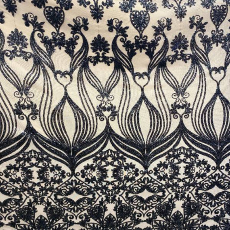 Nude Black Damask Design Embroidered On Mesh Lace Fabric - Black Damask Embroidery, Nude Mesh, 52" Width