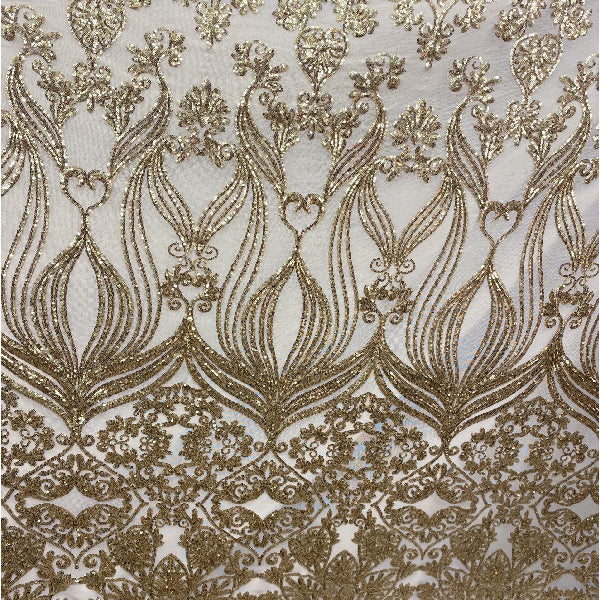 Nude Gold Damask Design Embroidered On Mesh Lace Fabric - Nude Gold Damask, 52" Width (1 Yard)