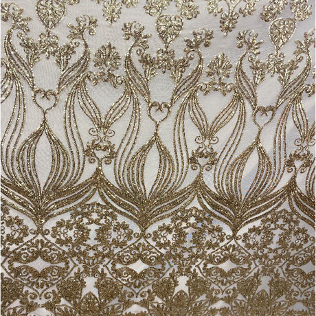 Nude Gold Damask Design Embroidered On Mesh Lace Fabric - Nude Gold Damask, 52" Width (1 Yard)