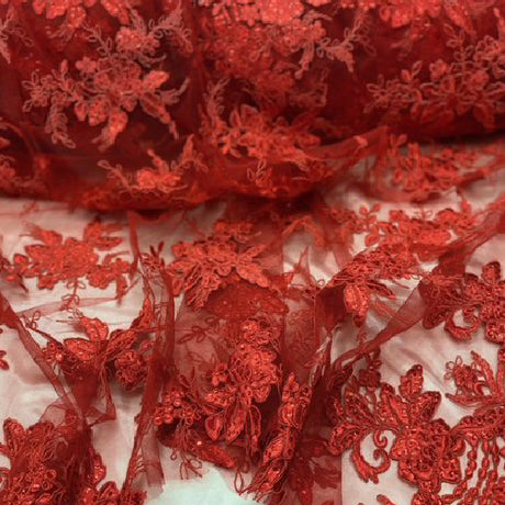 Red Sequin Lace Fabric With Embroideries On Mesh - Red Embroidered Lace, 54" Width