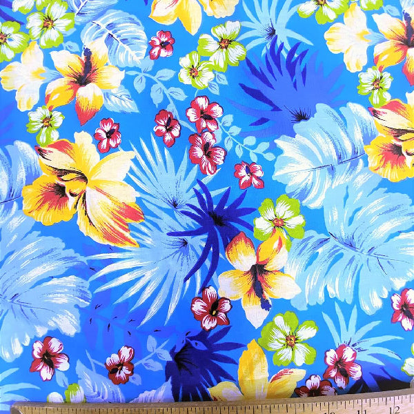 Hawaiian Floral Mix Poly Cotton Fabric - Aqua, Black, Gray, Red/Black, Red, Royal Blue, Turquoise, Hawaiian Floral Print, 58/60" Width (1 Yard)