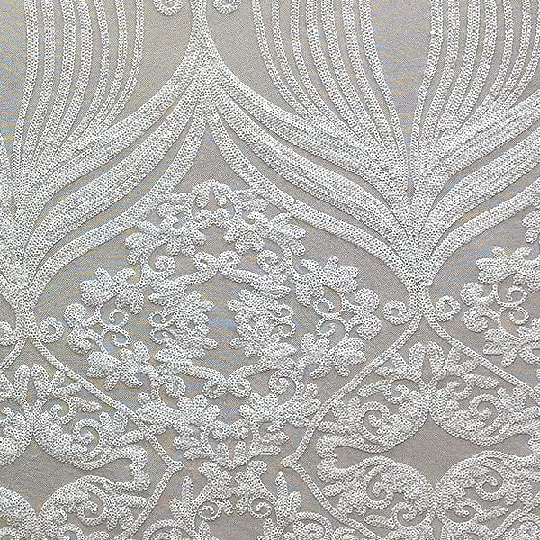White Damask Design Embroidered On Mesh Lace Fabric - Polyester Mesh Lace, White Damask Pattern
