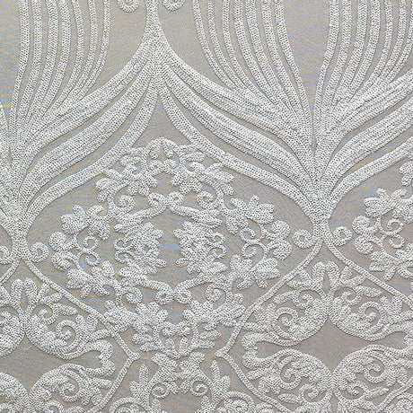 White Damask Design Embroidered On Mesh Lace Fabric - Polyester Mesh Lace, White Damask Pattern