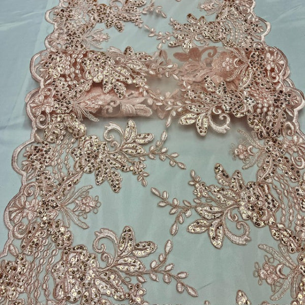 Blush Sequin Lace Fabric With Embroideries On Mesh VT-18 - Blush, Embroidered Lace, 54" Width