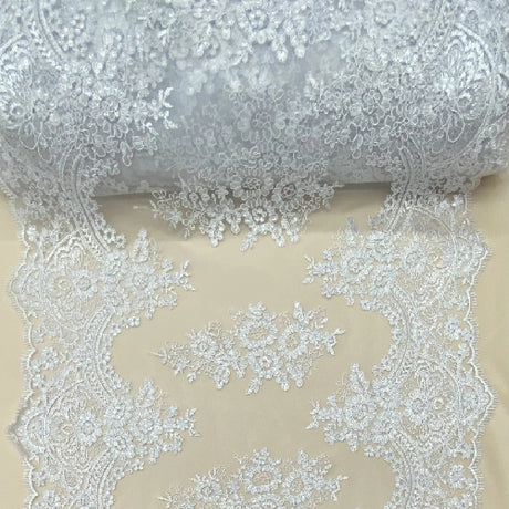White Sequin Lace Fabric With Embroideries On Mesh - White Sequin Lace, 54" Width