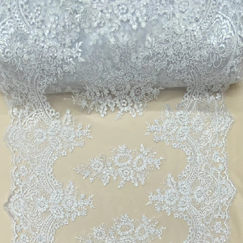 White Sequin Lace Fabric With Embroideries On Mesh - White Sequin Lace, 54" Width