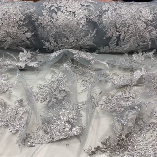 Silver Sequin Lace Fabric - Embroideries On Mesh, Silver, 54" Width