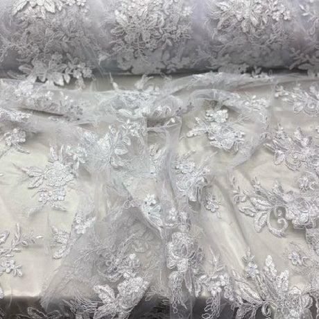 White Sequin Lace Fabric With Embroideries On Mesh VT-17 - White Embroidered Sequin Lace Fabric, 54" Width