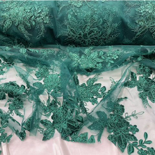 Hunter Green Sequin Lace Fabric - Embroideries On Mesh, 54" Width