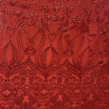 Red Damask Design Embroidered On Mesh Lace Fabric - Red Damask Pattern, 52" Width (1 Yard)