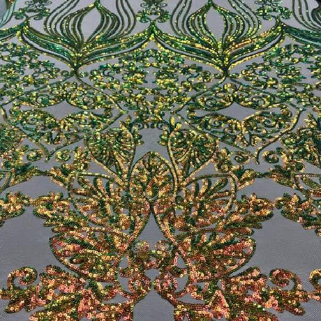 Nude Iridescent Green Damask Design Embroidered On Mesh Lace Fabric - Nude, Green Damask Pattern, 52-54" Width (1 Yard)