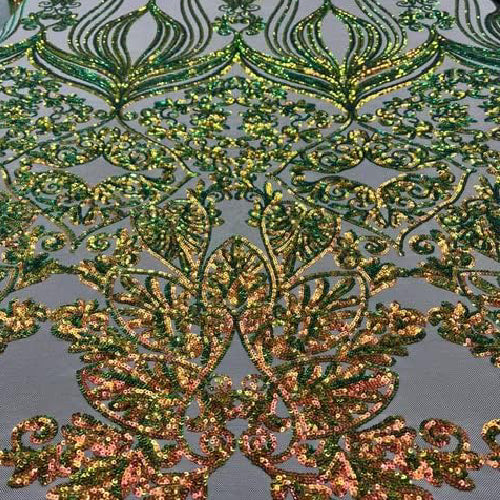 Nude Iridescent Green Damask Design Embroidered On Mesh Lace Fabric - Nude, Green Damask Pattern, 52-54" Width (1 Yard)